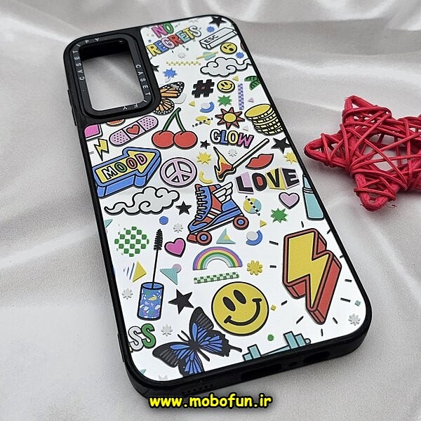 قاب گوشی Galaxy A14 4G - Galaxy A14 5G سامسونگ پشت گلس آینه ای اورجینال CASETIFY طرح ایموجی و استیکر محافظ لنزدار مشکی کد 532