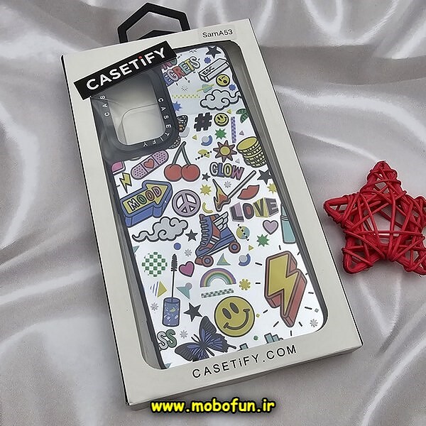 قاب گوشی Galaxy A53 5G سامسونگ پشت گلس آینه ای اورجینال CASETIFY طرح ایموجی و استیکر محافظ لنزدار مشکی کد 765