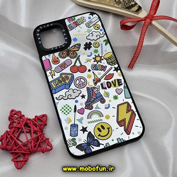 قاب گوشی iPhone 11 Pro Max آیفون پشت گلس آینه ای اورجینال CASETIFY طرح ایموجی و استیکر محافظ لنزدار مشکی کد 604