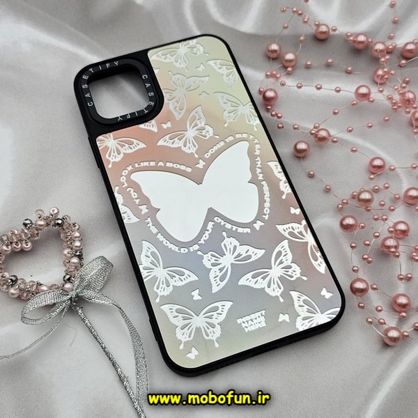 قاب گوشی iPhone 11 Pro Max آیفون پشت گلس آینه ای اورجینال CASETIFY طرح پروانه کیوت محافظ لنزدار مشکی کد 606