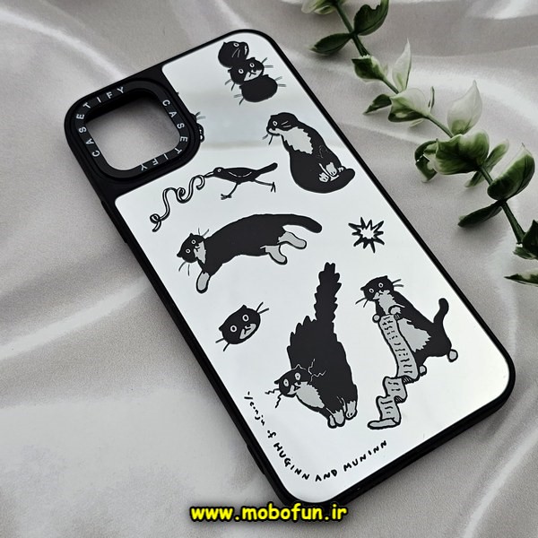قاب گوشی iPhone 11 Pro Max آیفون پشت گلس آینه ای اورجینال CASETIFY طرح گربه بازیگوش محافظ لنزدار مشکی کد 607