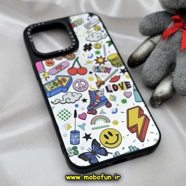 قاب گوشی iPhone 14 Pro Max آیفون پشت گلس آینه ای اورجینال CASETIFY طرح ایموجی و استیکر محافظ لنزدار مشکی کد 256