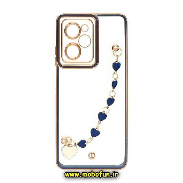 قاب گوشی Poco X5 Pro شیائومی طرح الکتروپلیتینگ دور طلایی ژله ای شفاف اورجینال دستبندی قلبی محافظ لنز دار سرمه ای کد 185