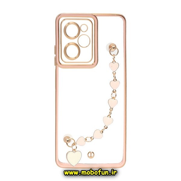 قاب گوشی Poco X5 Pro شیائومی طرح الکتروپلیتینگ دور طلایی ژله ای شفاف اورجینال دستبندی قلبی محافظ لنز دار گلبهی کد 187