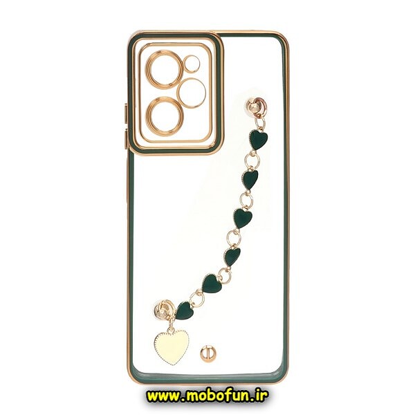 قاب گوشی Poco X5 Pro شیائومی طرح الکتروپلیتینگ دور طلایی ژله ای شفاف اورجینال دستبندی قلبی محافظ لنز دار سبز کد 188