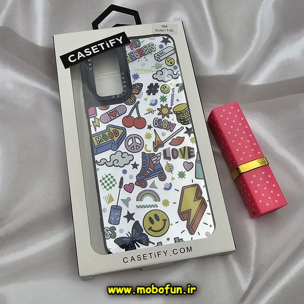 قاب گوشی Redmi Note 11 4G - Redmi Note 11S شیائومی پشت گلس آینه ای اورجینال CASETIFY طرح ایموجی و استیکر محافظ لنزدار مشکی کد E25-177370