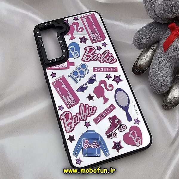 قاب گوشی Galaxy S21 FE سامسونگ پشت گلس آینه ای اورجینال CASETIFY طرح باربی Barbie محافظ لنزدار مشکی کد 554