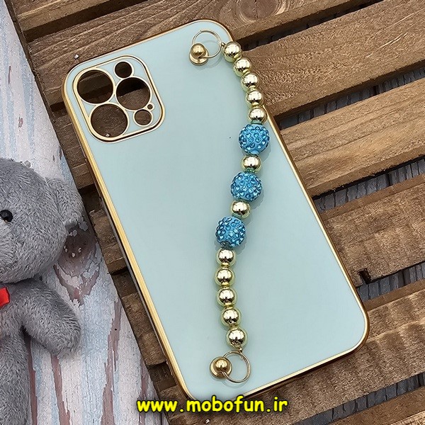 قاب گوشی iPhone 12 Pro آیفون طرح مای کیس گلد لاین لاکچری دستبندی نگین دار مرواریدی سبزآبی کد 820