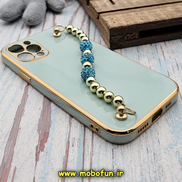 قاب گوشی iPhone 12 Pro آیفون طرح مای کیس گلد لاین لاکچری دستبندی نگین دار مرواریدی سبزآبی کد 820