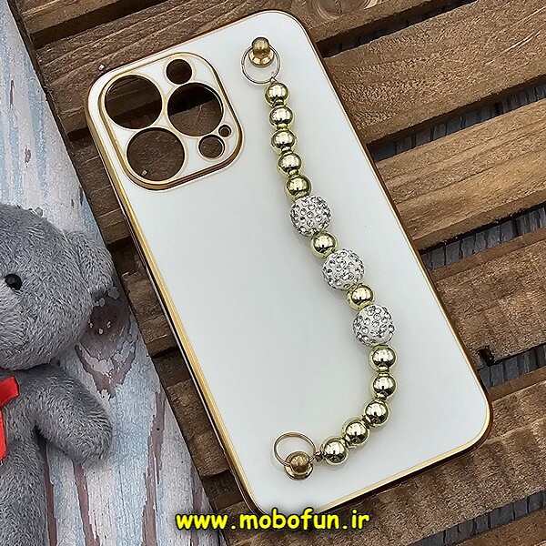 قاب گوشی iPhone 13 Pro آیفون طرح مای کیس گلد لاین لاکچری دستبندی نگین دار مرواریدی سفید کد 419