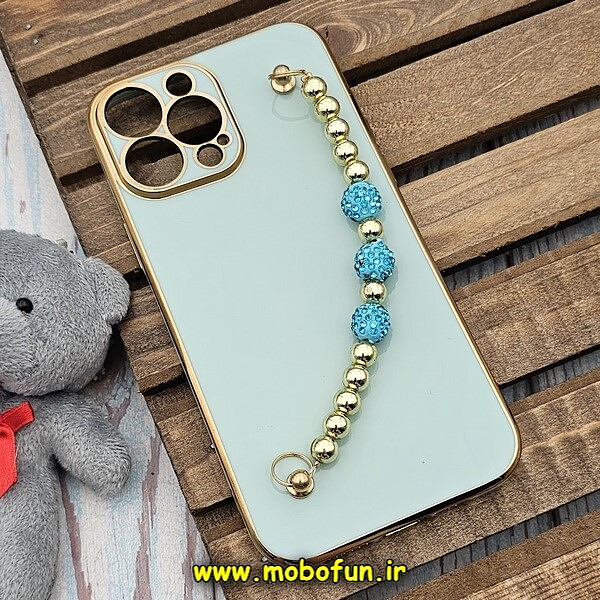 قاب گوشی iPhone 13 Pro Max آیفون طرح مای کیس گلد لاین لاکچری دستبندی نگین دار مرواریدی سبزآبی کد 602