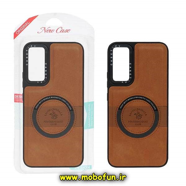 قاب گوشی Galaxy A34 5G سامسونگ چرمی پولو طرح مگ سیفی اورجینال CASETIFY عسلی کد 475