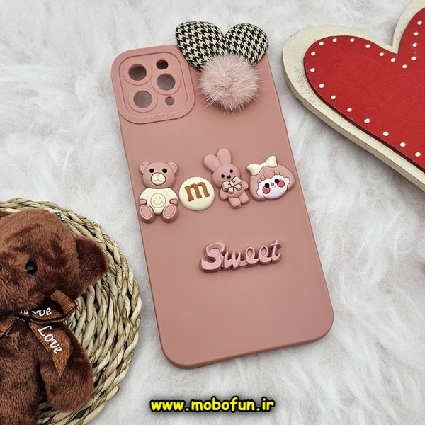 قاب گوشی iPhone 11 Pro Max آیفون طرح سیلیکونی ژله ای سه بعدی برجسته عروسکی محافظ لنز دار پام پام گلبهی کد 641