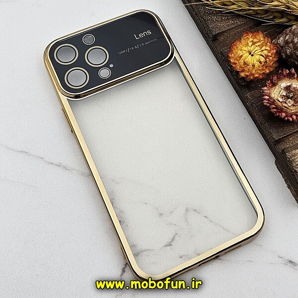 قاب گوشی iPhone 13 Pro Max آیفون طرح الکتروپلیتینگ ژله ای شفاف اورجینال Camera Lens محافظ لنز دار طلایی کد 624