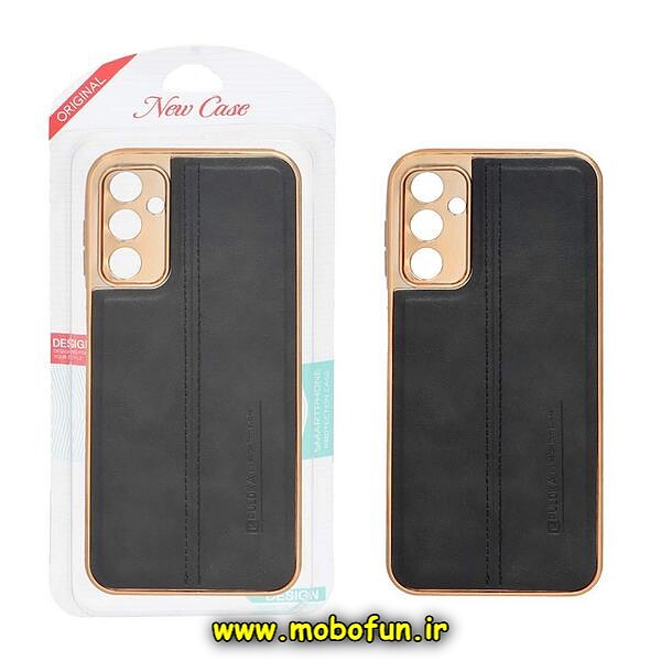 قاب گوشی Galaxy A14 4G - Galaxy A14 5G سامسونگ اورجینال PULOKA پولوکا NEW CASE طرح ژله ای چرمی دوخت دار دور طلایی محافظ لنز دار مشکی کد 610