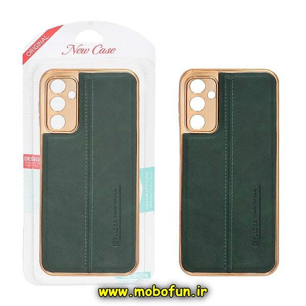 قاب گوشی Galaxy A14 4G - Galaxy A14 5G سامسونگ اورجینال PULOKA پولوکا NEW CASE طرح ژله ای چرمی دوخت دار دور طلایی محافظ لنز دار سبز تیره کد 612