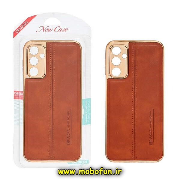 قاب گوشی Galaxy A14 4G - Galaxy A14 5G سامسونگ اورجینال PULOKA پولوکا NEW CASE طرح ژله ای چرمی دوخت دار دور طلایی محافظ لنز دار عسلی کد 614