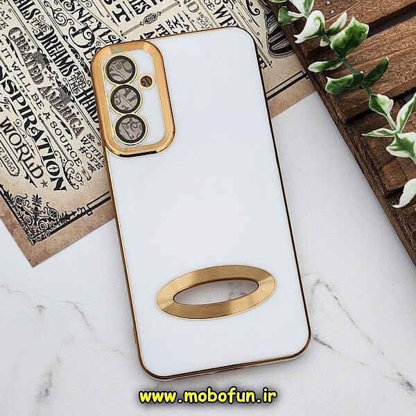 قاب گوشی Galaxy A14 4G - Galaxy A14 5G سامسونگ طرح ژله ای دبل متال مای کیس مگ سیف Magsafe گلد لاین دور طلایی محافظ لنز دار شیشه ای سفید کد 639