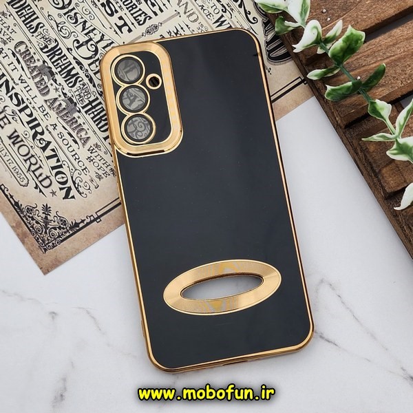 قاب گوشی Galaxy A14 4G - Galaxy A14 5G سامسونگ طرح ژله ای دبل متال مای کیس مگ سیف Magsafe گلد لاین دور طلایی محافظ لنز دار شیشه ای مشکی کد 641