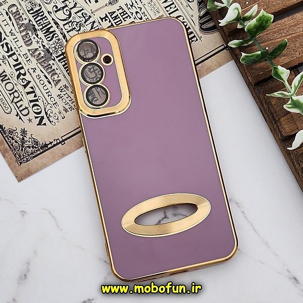 قاب گوشی Galaxy A54 5G سامسونگ طرح ژله ای دبل متال مای کیس مگ سیف Magsafe گلد لاین دور طلایی محافظ لنز دار شیشه ای بنفش کد 633