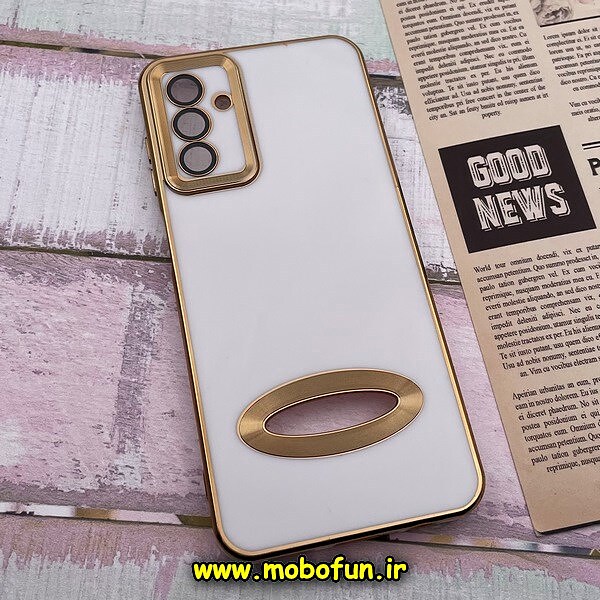 قاب گوشی Galaxy A04S سامسونگ طرح ژله ای دبل متال مای کیس مگ سیف Magsafe گلد لاین دور طلایی محافظ لنز دار شیشه ای سفید کد 263
