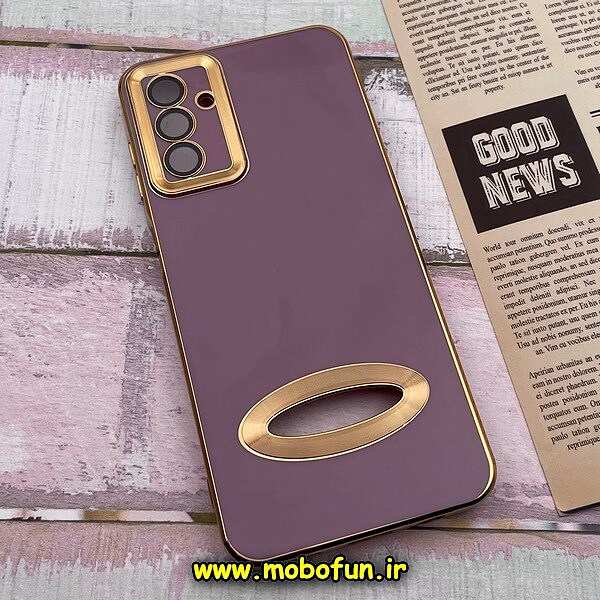 قاب گوشی Galaxy A04S سامسونگ طرح ژله ای دبل متال مای کیس مگ سیف Magsafe گلد لاین دور طلایی محافظ لنز دار شیشه ای بنفش کد 266