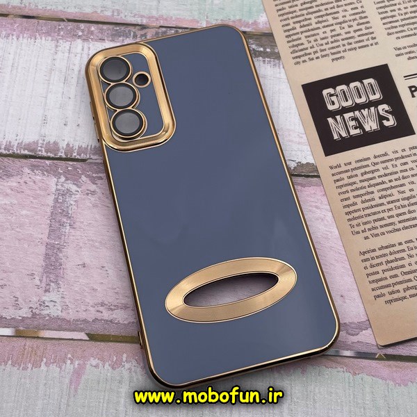 قاب گوشی Galaxy A24 4G سامسونگ طرح ژله ای دبل متال مای کیس مگ سیف Magsafe گلد لاین دور طلایی محافظ لنز دار شیشه ای آبی کد 350