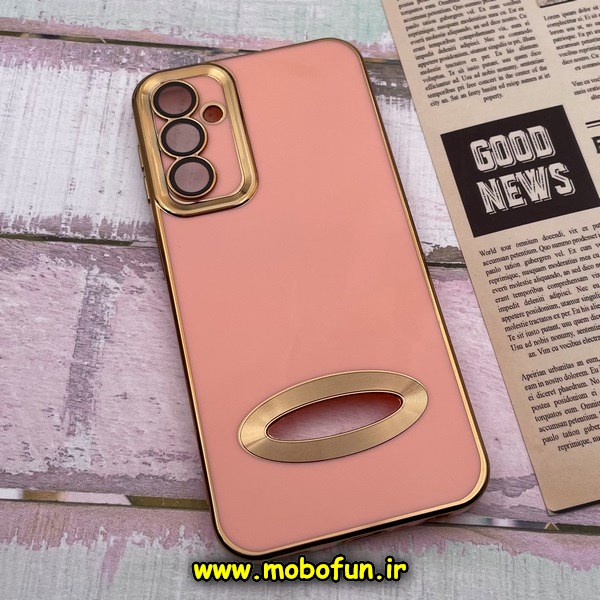 قاب گوشی Galaxy A24 4G سامسونگ طرح ژله ای دبل متال مای کیس مگ سیف Magsafe گلد لاین دور طلایی محافظ لنز دار شیشه ای گلبهی کد 351