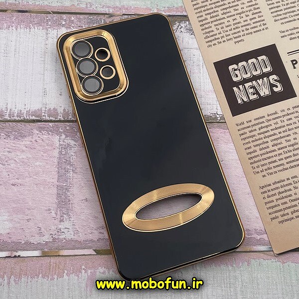 قاب گوشی Galaxy A32 4G سامسونگ طرح ژله ای دبل متال مای کیس مگ سیف Magsafe گلد لاین دور طلایی محافظ لنز دار شیشه ای مشکی کد 1033
