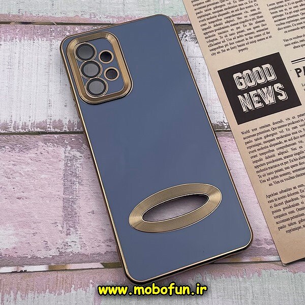 قاب گوشی Galaxy A32 4G سامسونگ طرح ژله ای دبل متال مای کیس مگ سیف Magsafe گلد لاین دور طلایی محافظ لنز دار شیشه ای آبی کد 1035