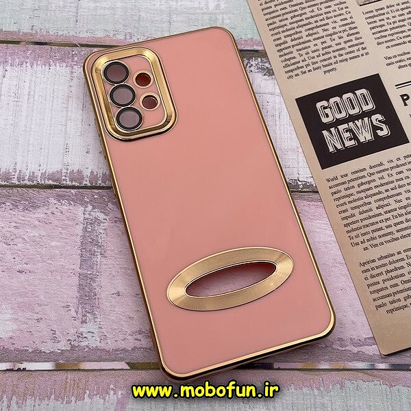 قاب گوشی Galaxy A32 4G سامسونگ طرح ژله ای دبل متال مای کیس مگ سیف Magsafe گلد لاین دور طلایی محافظ لنز دار شیشه ای گلبهی کد 1037