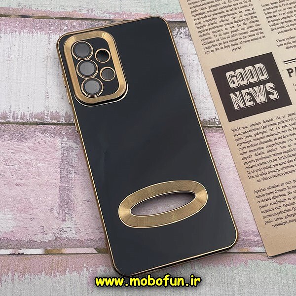 قاب گوشی Galaxy A33 5G سامسونگ طرح ژله ای دبل متال مای کیس مگ سیف Magsafe گلد لاین دور طلایی محافظ لنز دار شیشه ای مشکی کد 603