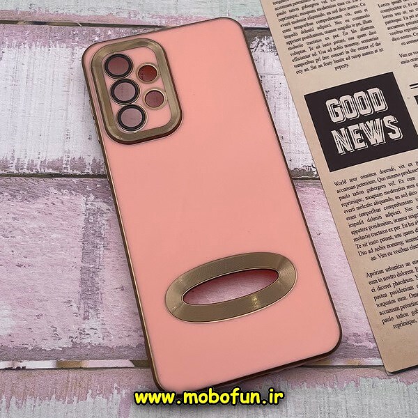 قاب گوشی Galaxy A33 5G سامسونگ طرح ژله ای دبل متال مای کیس مگ سیف Magsafe گلد لاین دور طلایی محافظ لنز دار شیشه ای گلبهی کد 605