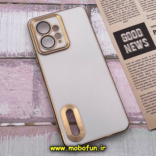 قاب گوشی Redmi Note 12 4G شیائومی طرح ژله ای دبل متال مای کیس مگ سیف Magsafe گلد لاین دور طلایی محافظ لنز دار شیشه ای سفید کد 316
