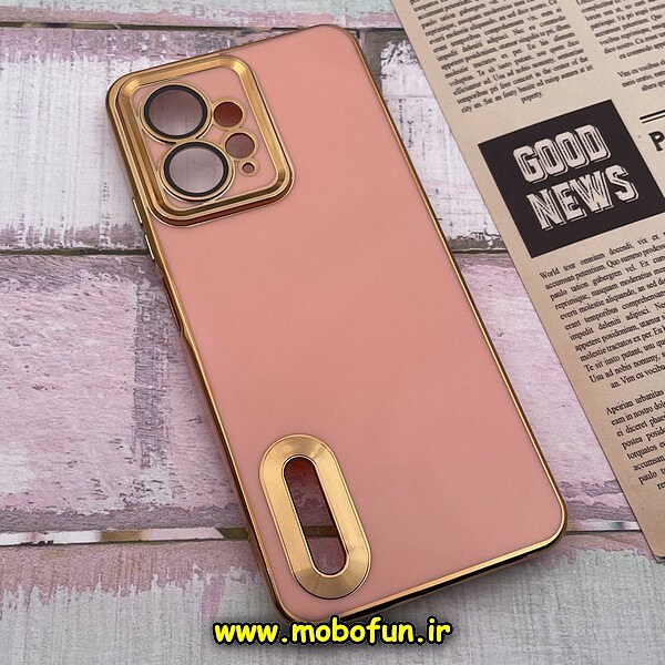 قاب گوشی Redmi Note 12 4G شیائومی طرح ژله ای دبل متال مای کیس مگ سیف Magsafe گلد لاین دور طلایی محافظ لنز دار شیشه ای گلبهی کد 319