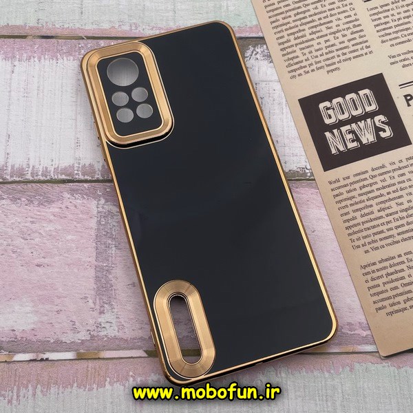 قاب گوشی Redmi Note 12 Pro 4G شیائومی طرح ژله ای دبل متال مای کیس مگ سیف Magsafe گلد لاین دور طلایی محافظ لنز دار شیشه ای مشکی کد 4