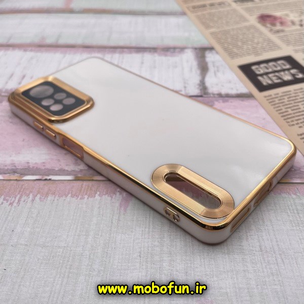 قاب گوشی Redmi Note 12 Pro 4G شیائومی طرح ژله ای دبل متال مای کیس مگ سیف Magsafe گلد لاین دور طلایی محافظ لنز دار شیشه ای سفید کد 5