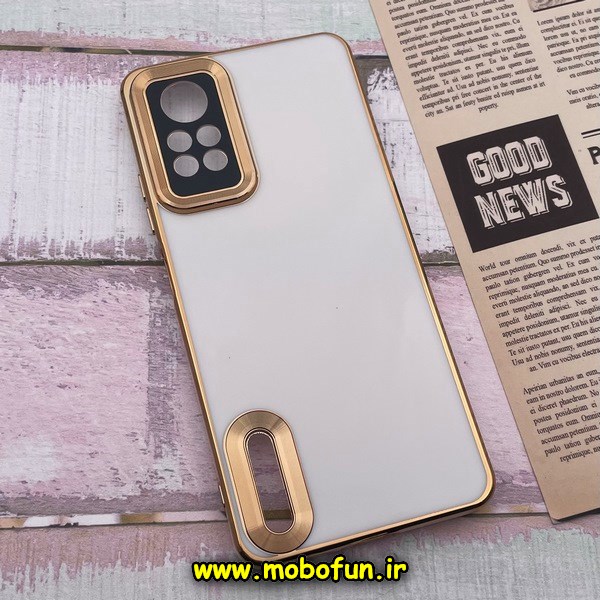 قاب گوشی Redmi Note 12 Pro 4G شیائومی طرح ژله ای دبل متال مای کیس مگ سیف Magsafe گلد لاین دور طلایی محافظ لنز دار شیشه ای سفید کد 5