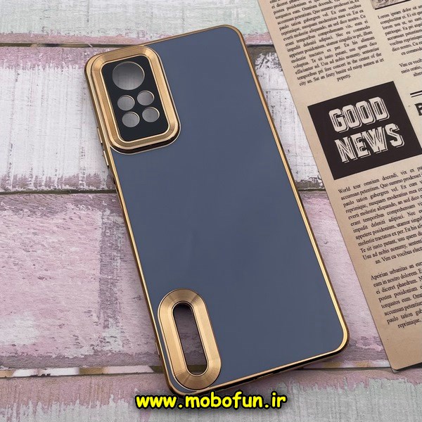 قاب گوشی Redmi Note 12 Pro 4G شیائومی طرح ژله ای دبل متال مای کیس مگ سیف Magsafe گلد لاین دور طلایی محافظ لنز دار شیشه ای آبی فیلی کد 6