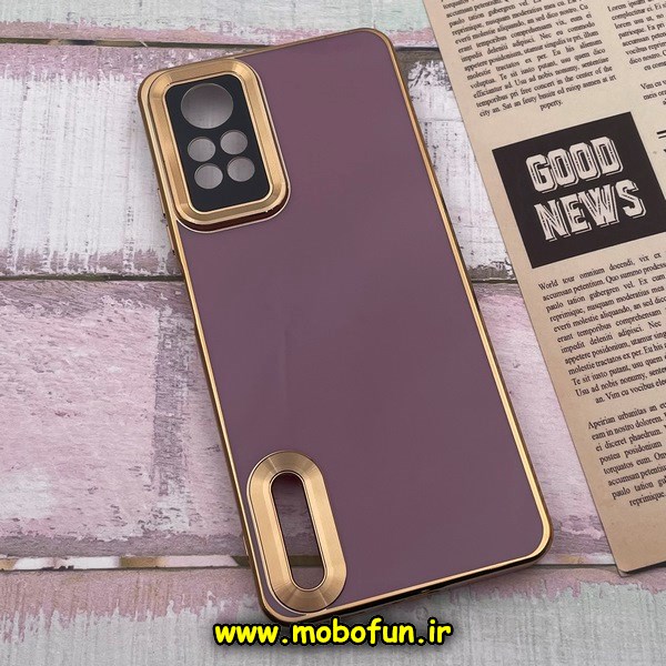 قاب گوشی Redmi Note 12 Pro 4G شیائومی طرح ژله ای دبل متال مای کیس مگ سیف Magsafe گلد لاین دور طلایی محافظ لنز دار شیشه ای بنفش کد 7
