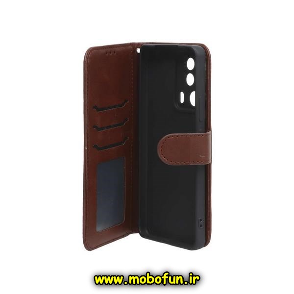 کیف گوشی Xiaomi 13 Lite شیائومی مگنتی طرح چرم کتابی محافظ لنزدار قهوه ای کد 43