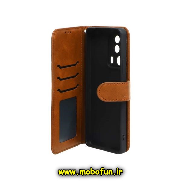 کیف گوشی Xiaomi 13 Lite شیائومی مگنتی طرح چرم کتابی محافظ لنزدار عسلی کد 45