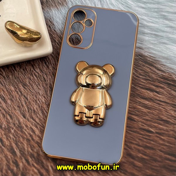 قاب گوشی Galaxy A14 4G - Galaxy A14 5G سامسونگ طرح ژله ای خرسی تدی استندشو مای کیس گلد لاین دور طلایی محافظ لنز دار آبی فیلی کد 643