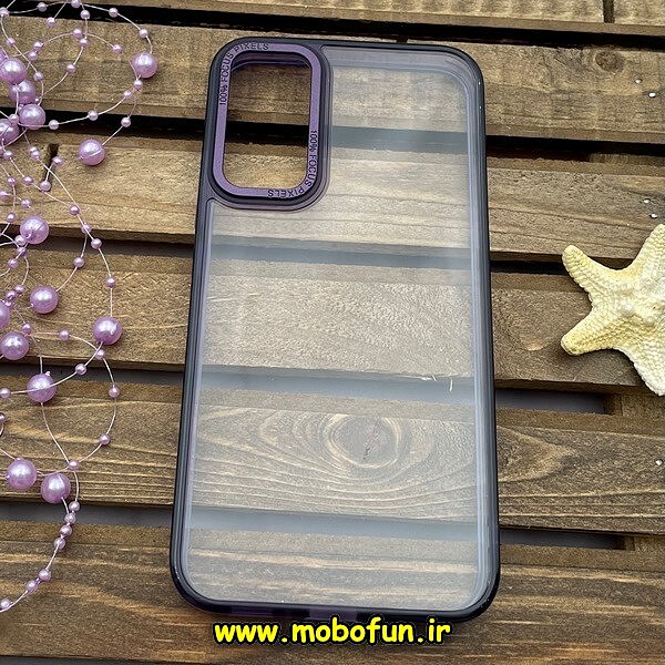 قاب گوشی Galaxy A34 5G سامسونگ اورجینال متال کیس Metal پیکسل Pixel طرح پشت طلق شفاف دور سیلیکونی بنفش کد 515