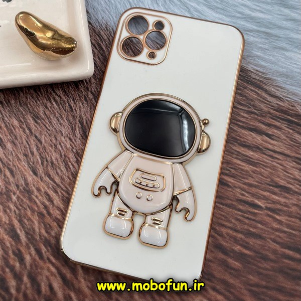 قاب گوشی iPhone 11 Pro Max آیفون طرح ژله ای فضانورد مای کیس گلد لاین دور طلایی محافظ لنز دار سفید کد 658