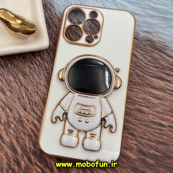 قاب گوشی iPhone 13 Pro آیفون طرح ژله ای فضانورد مای کیس گلد لاین دور طلایی محافظ لنز دار سفید کد 442