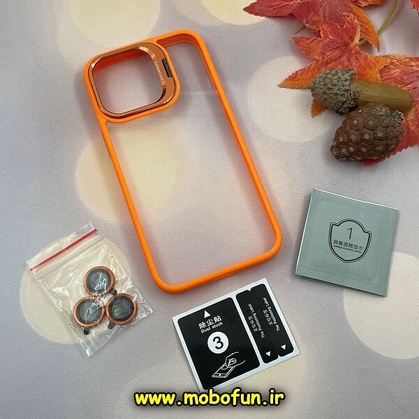 قاب گوشی iPhone 13 Pro آیفون طرح پشت طلق شفاف دور سیلیکونی اورجینال فلزی PROTECTIVE CASE به همراه محافظ لنز رینگی نارنجی کد 443