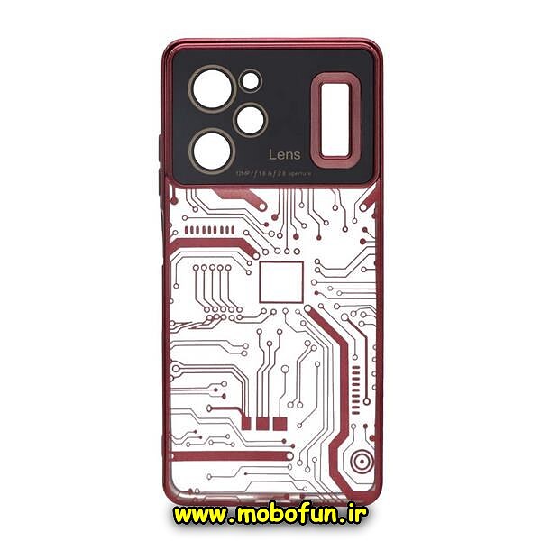 قاب گوشی Poco X5 Pro شیائومی طرح الکتروپلیتینگ مگ سیف ژله ای شفاف مدار برق اورجینال محافظ لنز دار قرمز زرشکی کد 267