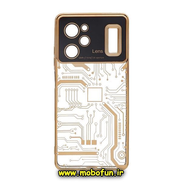قاب گوشی Poco X5 Pro شیائومی طرح الکتروپلیتینگ مگ سیف ژله ای شفاف مدار برق اورجینال محافظ لنز دار طلایی کد 268