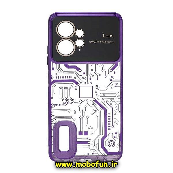 قاب گوشی Redmi Note 12 4G شیائومی طرح الکتروپلیتینگ مگ سیف ژله ای شفاف مدار برق اورجینال محافظ لنز دار بنفش کد 320